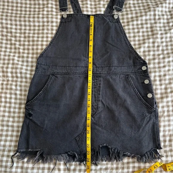 Free People Black Denim Distressed Hem Overall Mini Dress | Size 12 - Picture 10 of 10